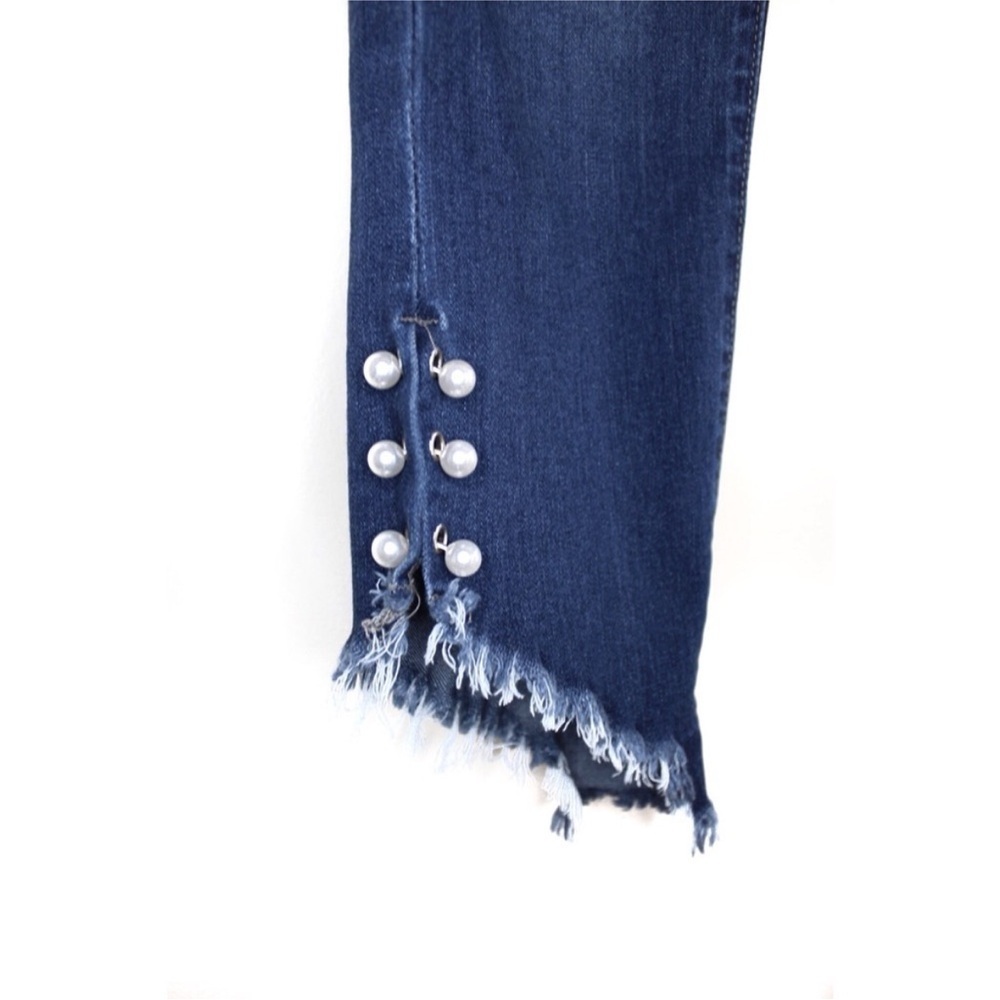 Kancan Blue Ankle Cropped Jeans with Frayed Hem and Pearl Detail - Picture 12 of 15